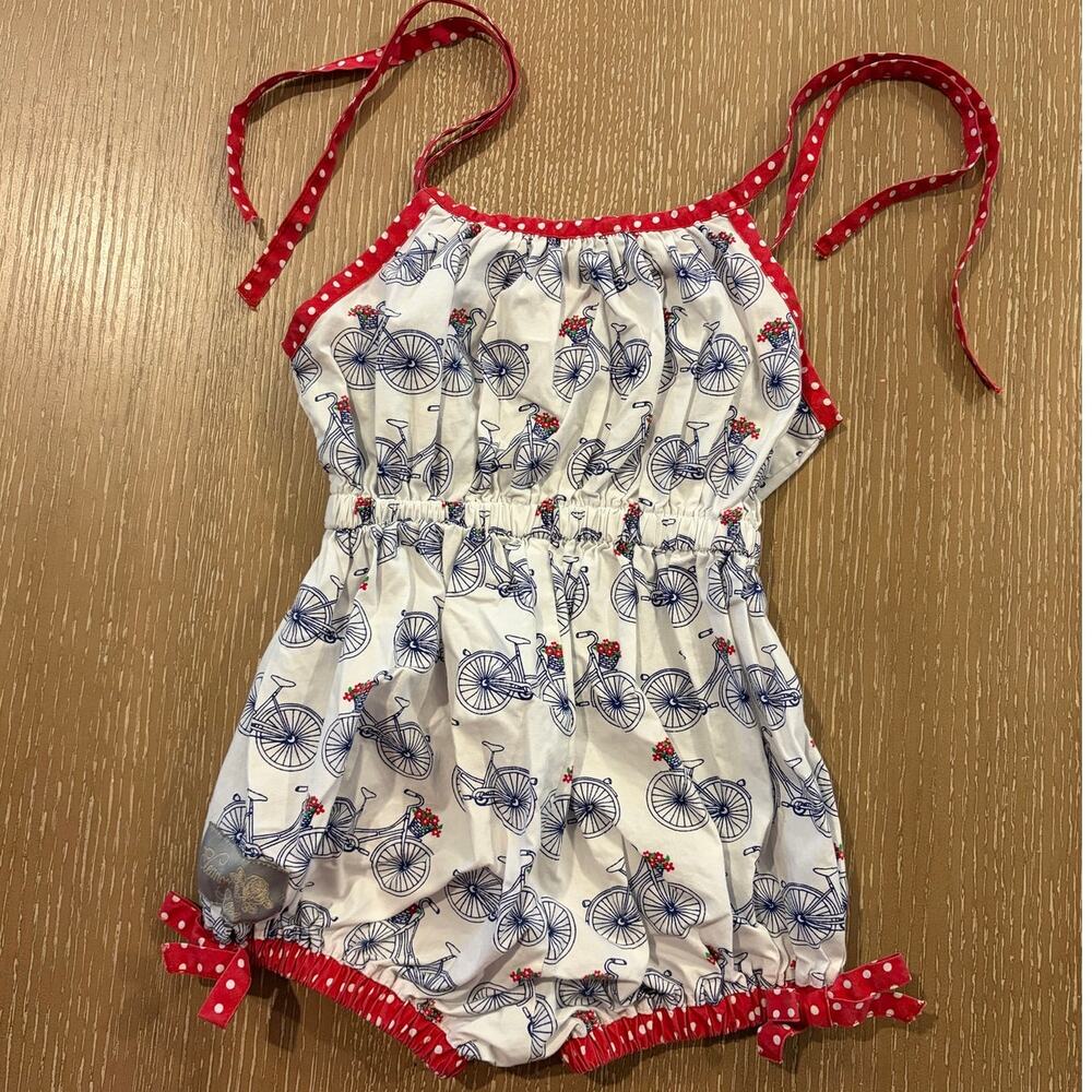 Eleanor Rose Bicycle Romper Sunsuit Euc Size 2 2t Polka Dot Trim Summer Tie Top